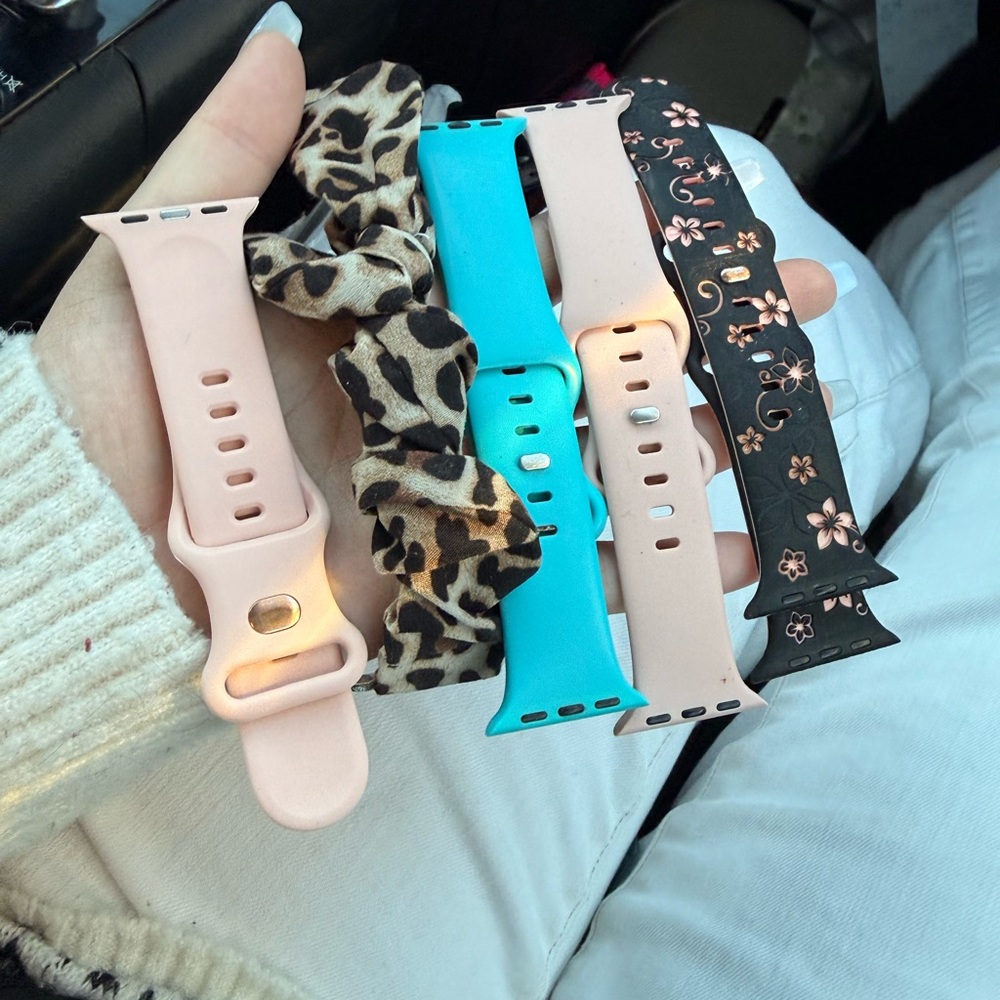 Apple Watch Bands in Pink, Blue, and Black Floral, and leopard scrunchie